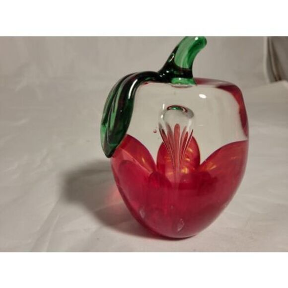 Joe Rice Art Glass Paperweight Red Apple Windowed Clear Glass w/ red floral NICE - Picture 3 of 16
